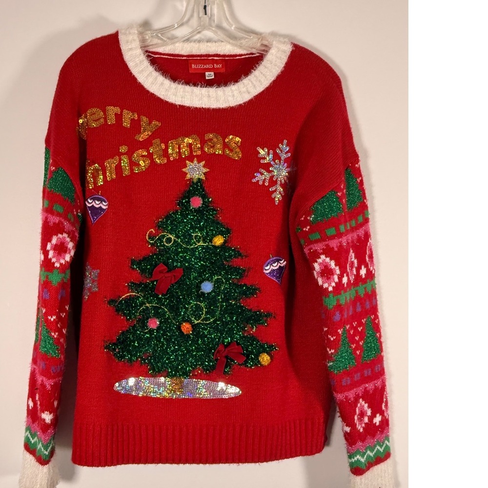 Blizzard Bay Red Ugly Christmas Sweater Sequin Tree Pom Poms Mens Medium